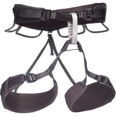 Black Diamond Momentum 4S harness front view with adjustable buckles for a secure, versatile fit