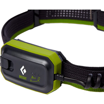 Black Diamond Onsight 375 Honnold Edition headlamp Verde side view highlighting rugged IP67 build