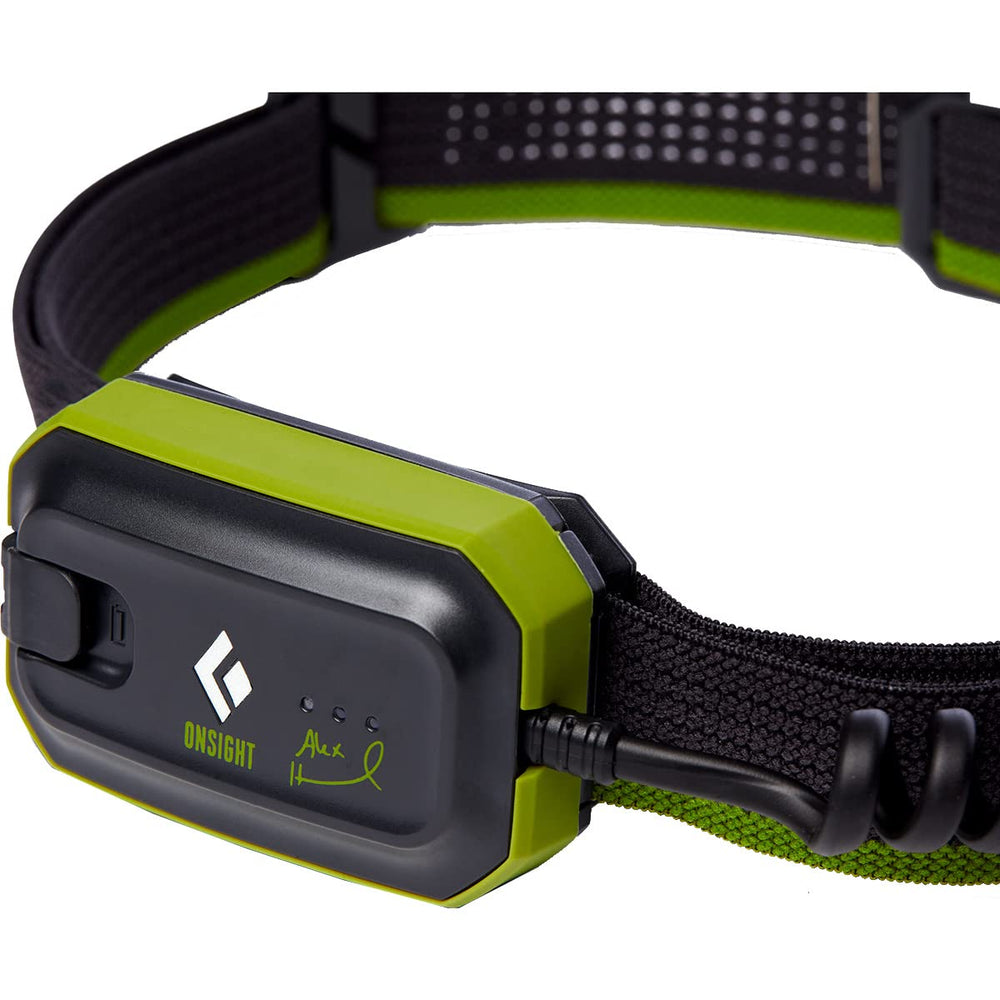 Black Diamond Onsight 375 Honnold Edition headlamp Verde side view highlighting rugged IP67 build