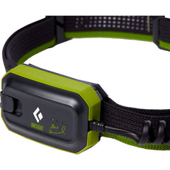 Black Diamond Onsight 375 Honnold Edition headlamp Verde side view highlighting rugged IP67 build