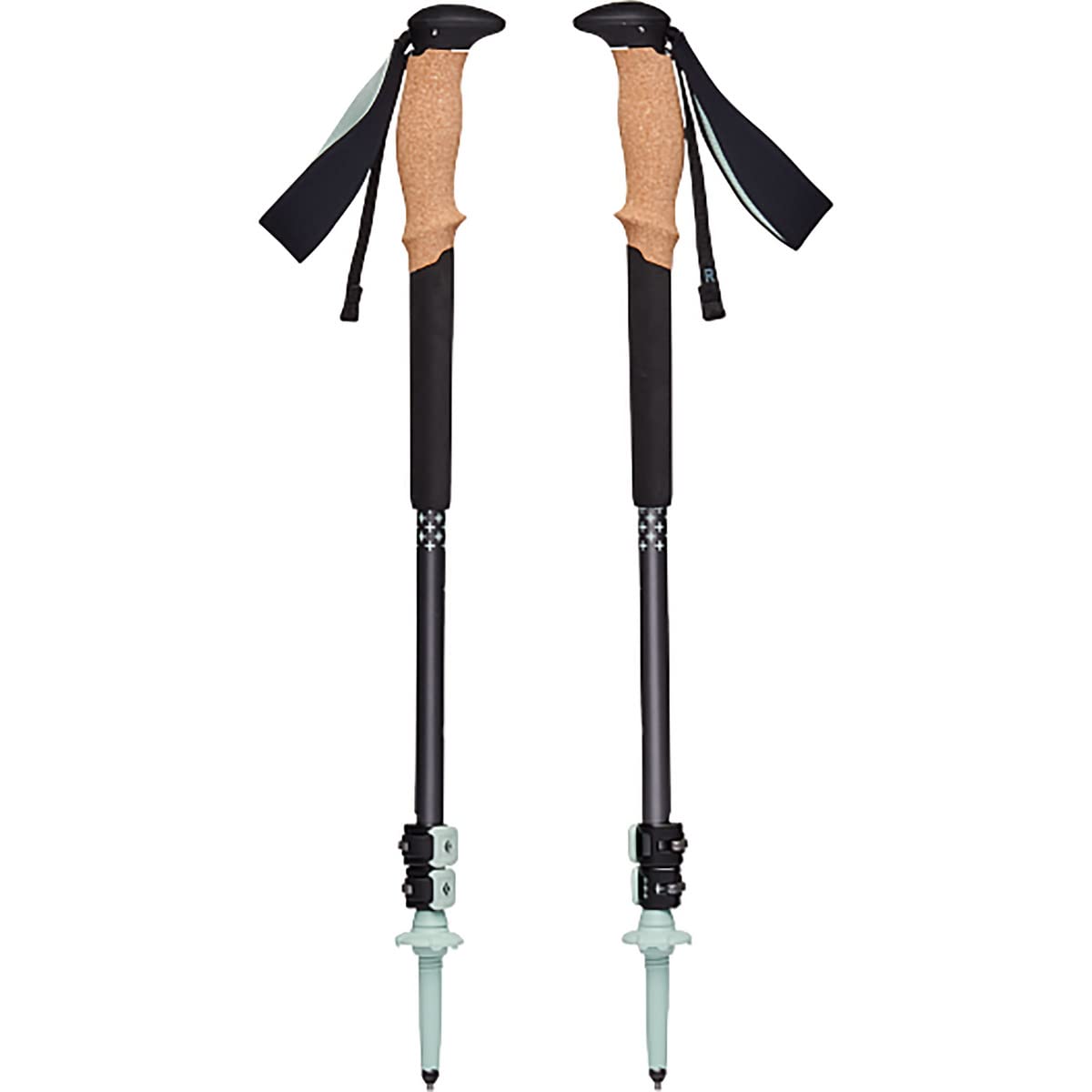 Black Diamond Pursuit trekking poles with charcoal-foam green grips for all-day comfort on rugged trails.