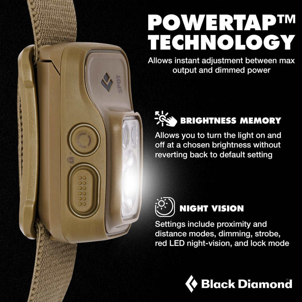 BLACK DIAMOND Spot 400 headlamp beam close-up highlights waterproof and durable design.