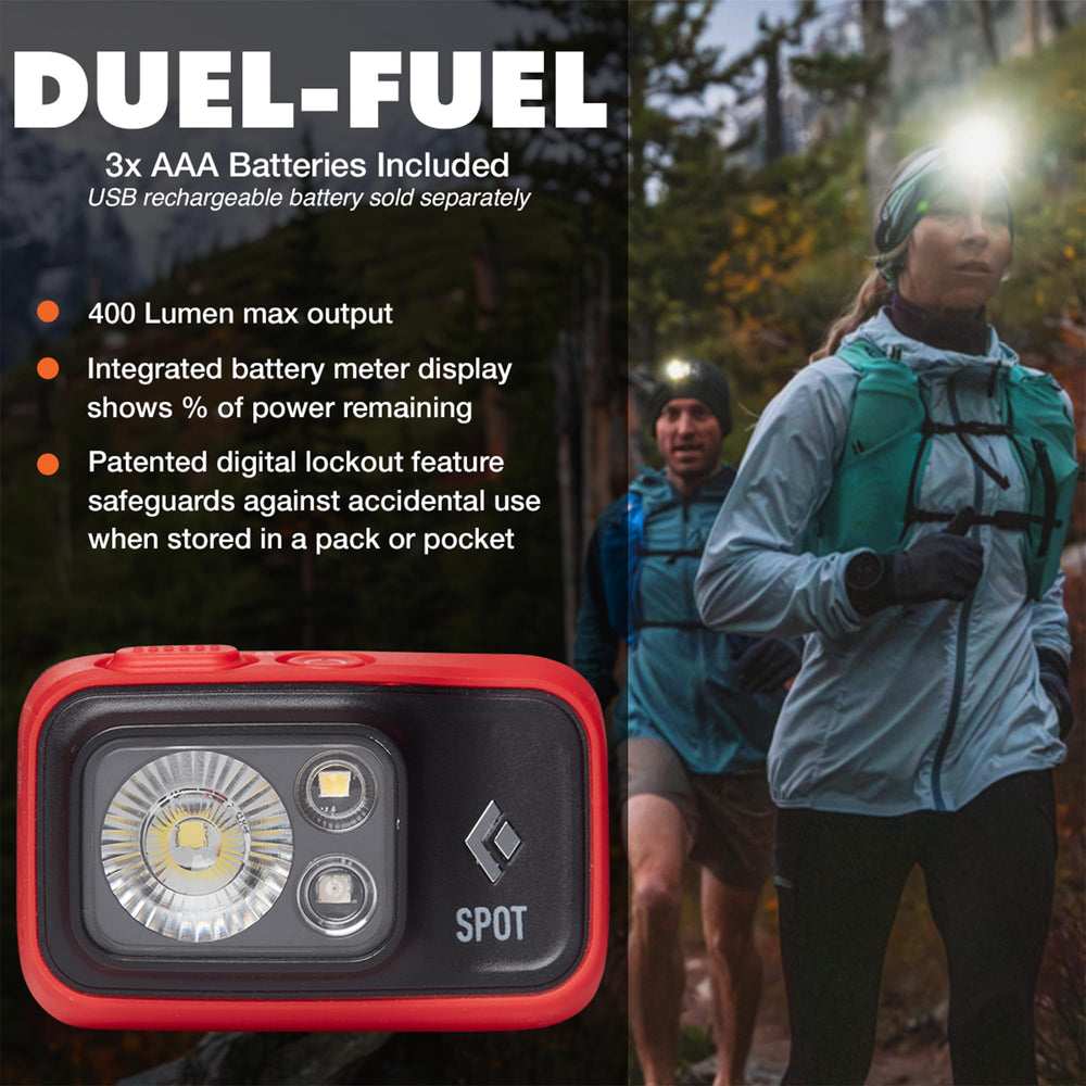 Black Diamond Spot 400 headlamp beam on demonstrates bright 400 lumens for night hiking.