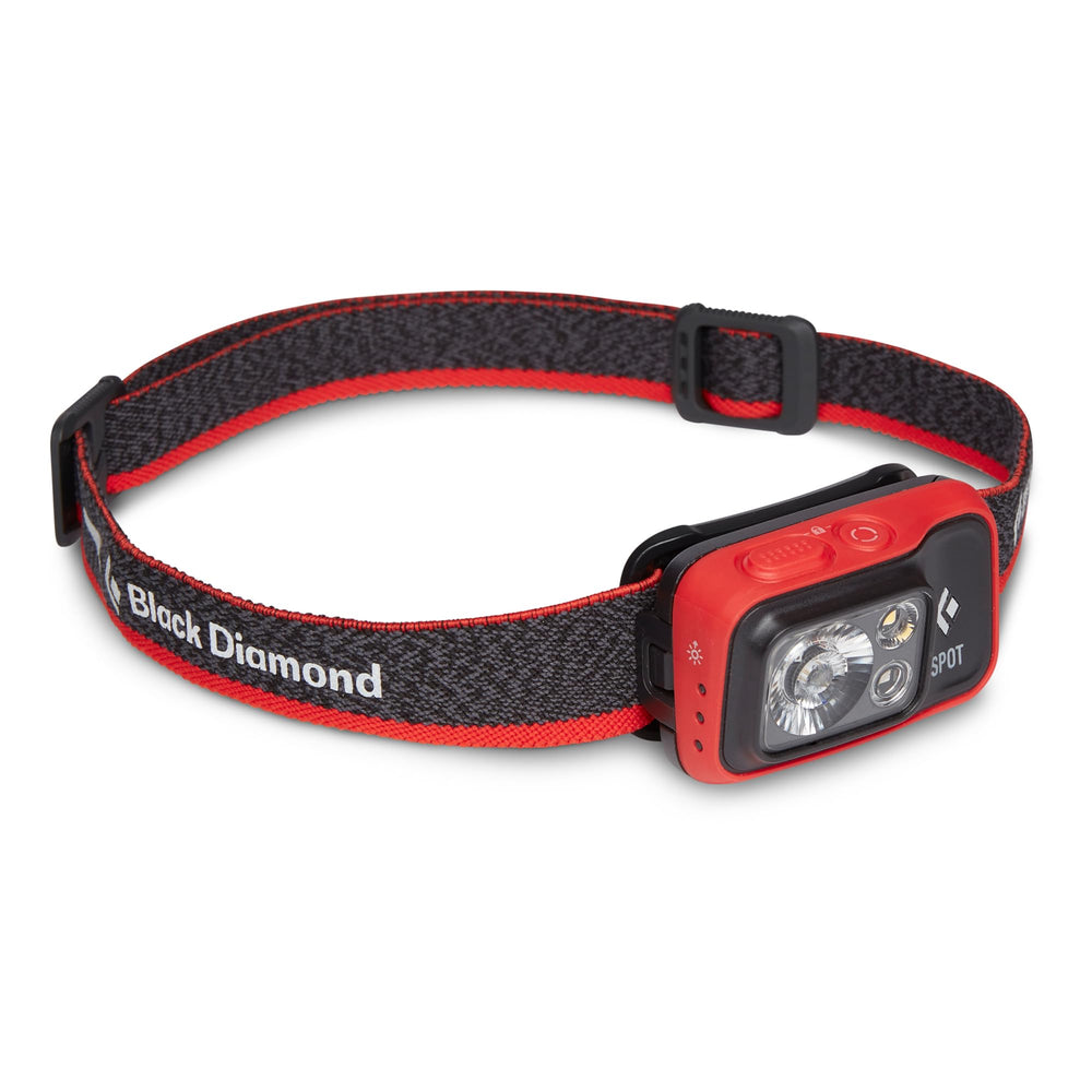 Black Diamond Spot 400 headlamp front view shows compact design for camping.
