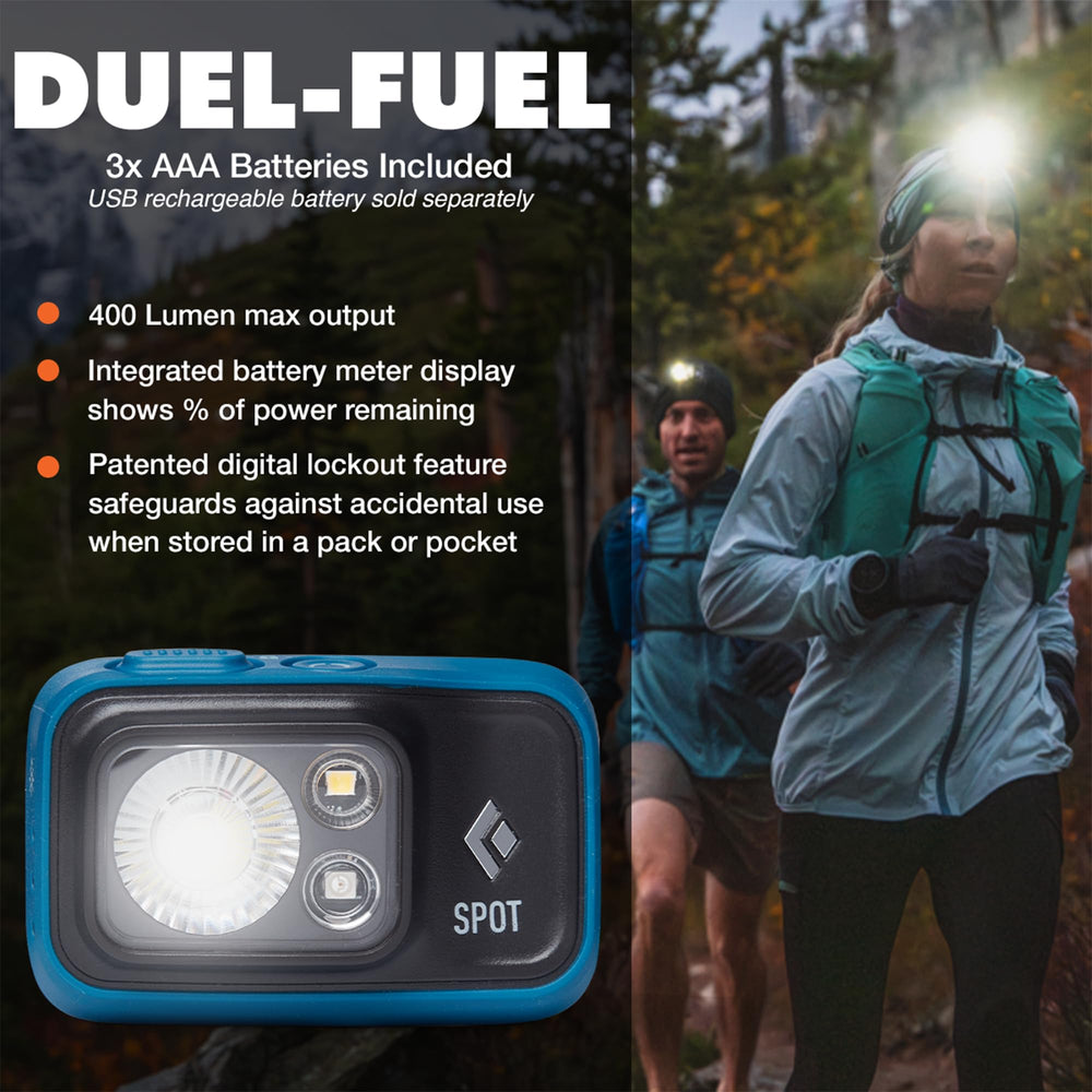 BLACK DIAMOND Spot 400 headlamp worn on the head for hands-free trail lighting during night runs