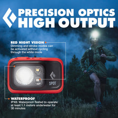 Black Diamond Spot 400 headlamp red night-vision mode aids discreet navigation.