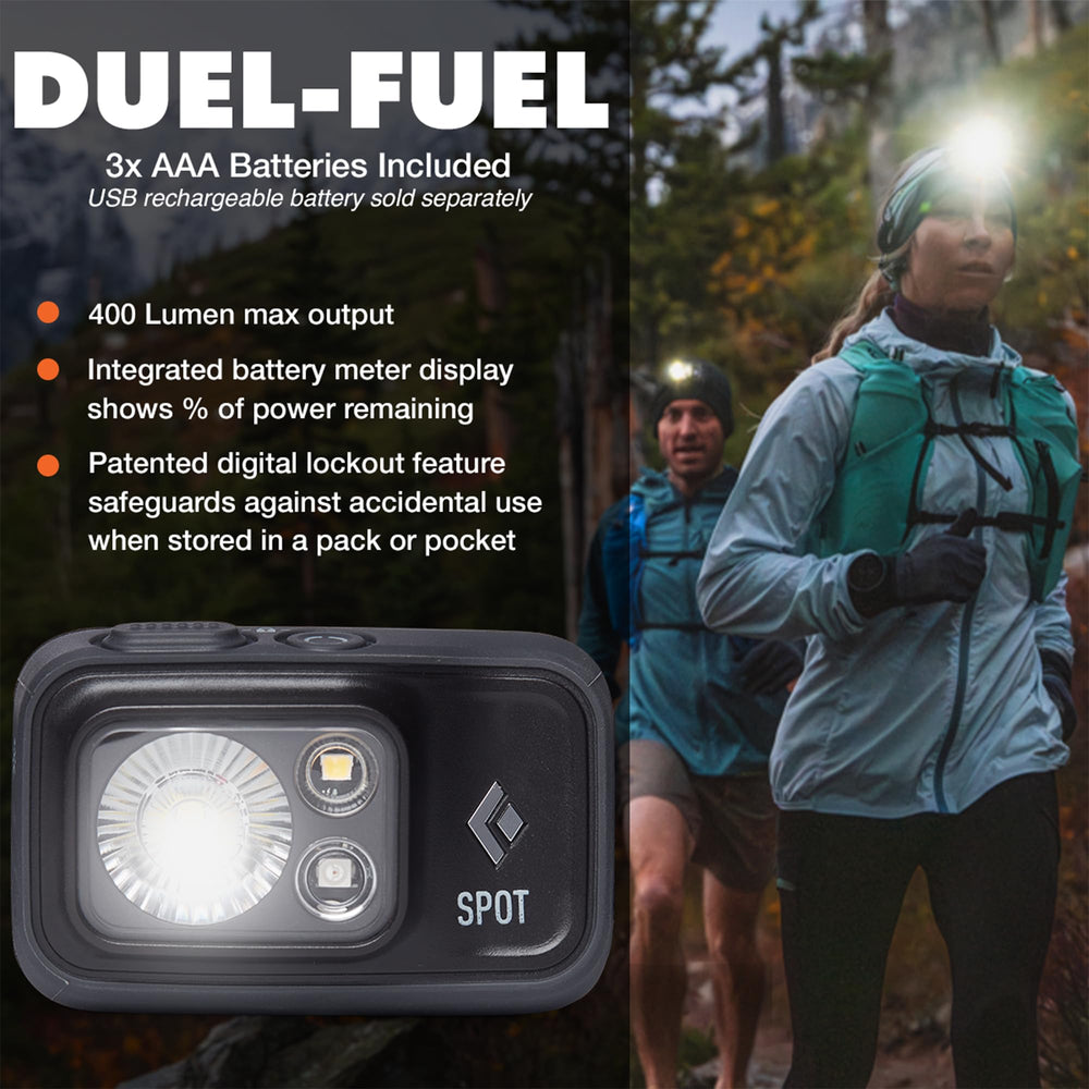 Black Diamond Spot 400 headlamp, top view, compact design for lightweight trails