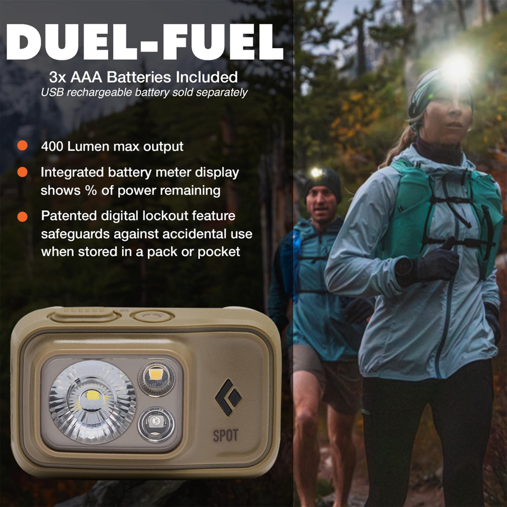BLACK DIAMOND Spot 400 headlamp worn on head shows 400-lumen hiking performance.