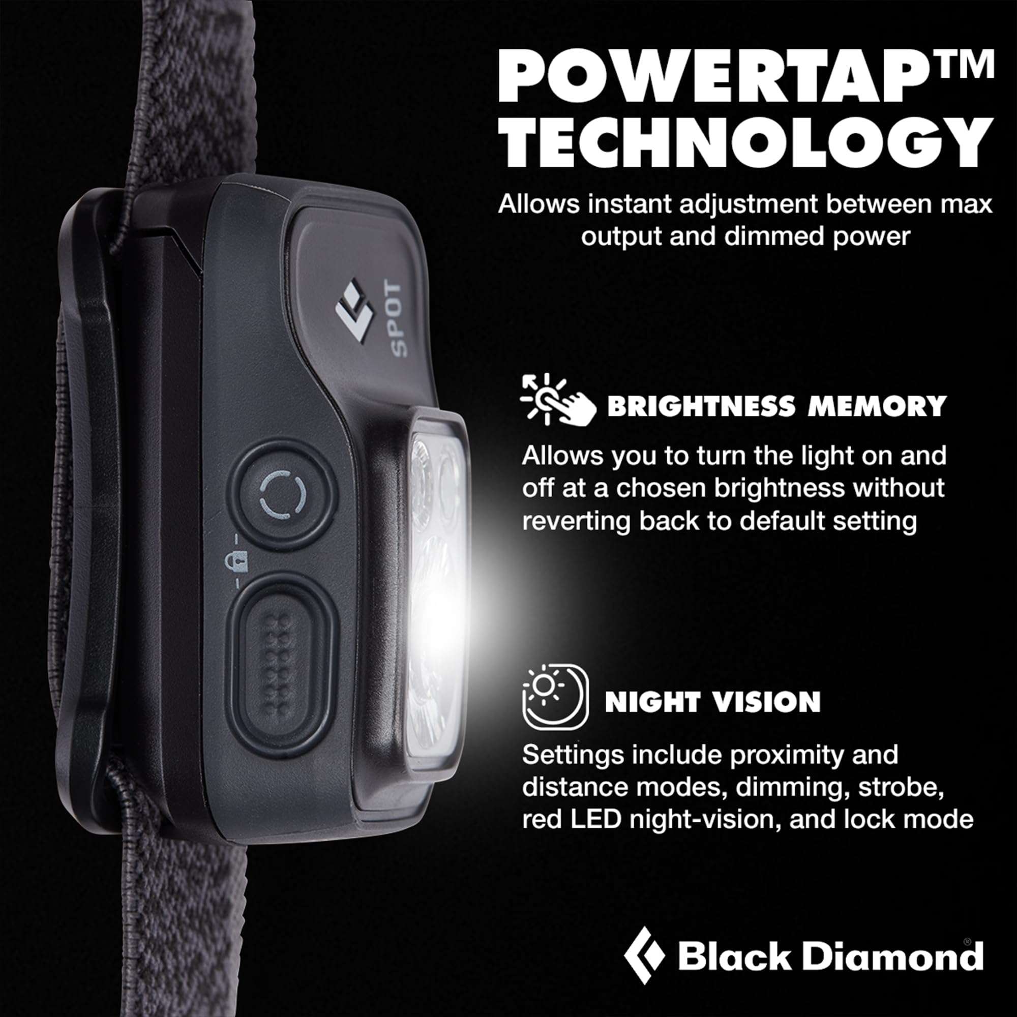 Black Diamond Spot 400 headlamp worn on head, adjustable strap for comfort