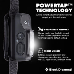 Black Diamond Spot 400 headlamp worn on head, adjustable strap for comfort