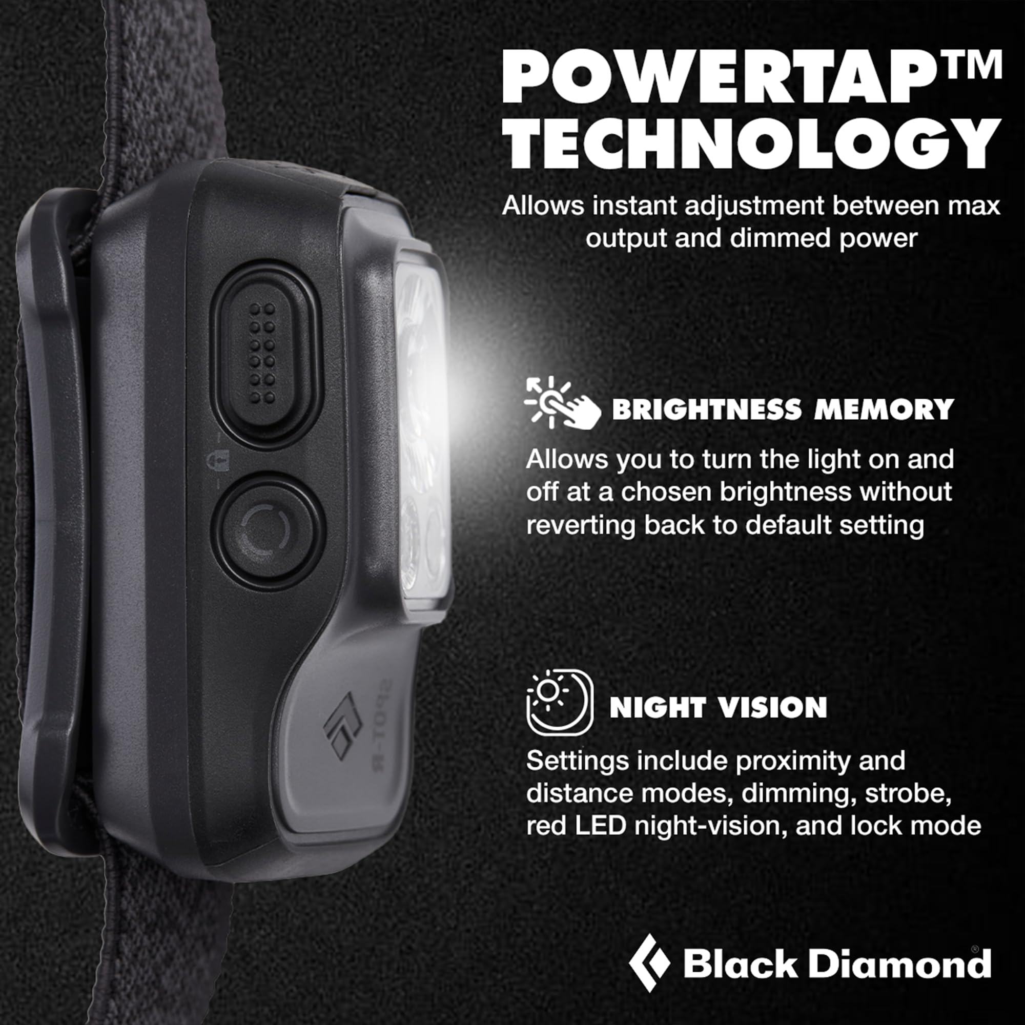 Black Diamond Spot 400-R headlamp in dimming mode for adaptable hiking visibility.