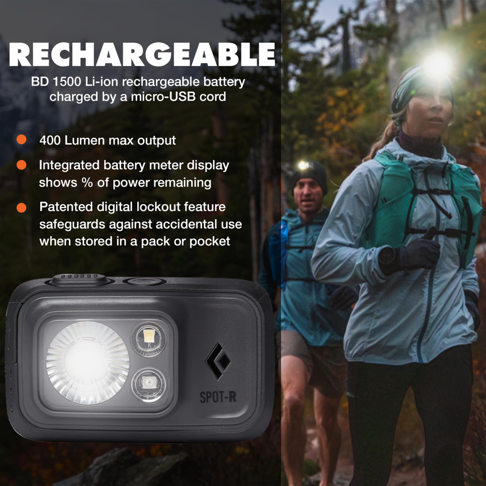 Black Diamond Spot 400-R headlamp on head for hands-free running at night.