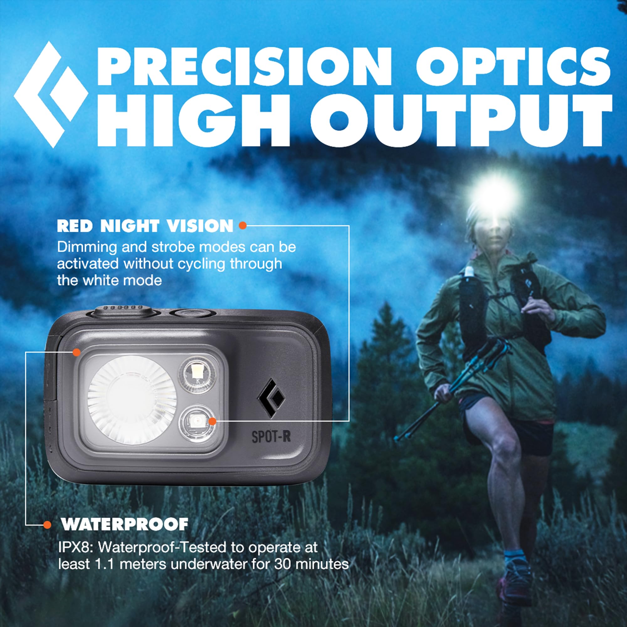Black Diamond Spot 400-R headlamp micro-USB recharge port for reliable field power.
