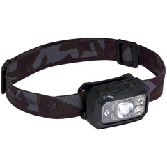 Black Diamond Storm 400 headlamp front view showing compact design and accessible controls.