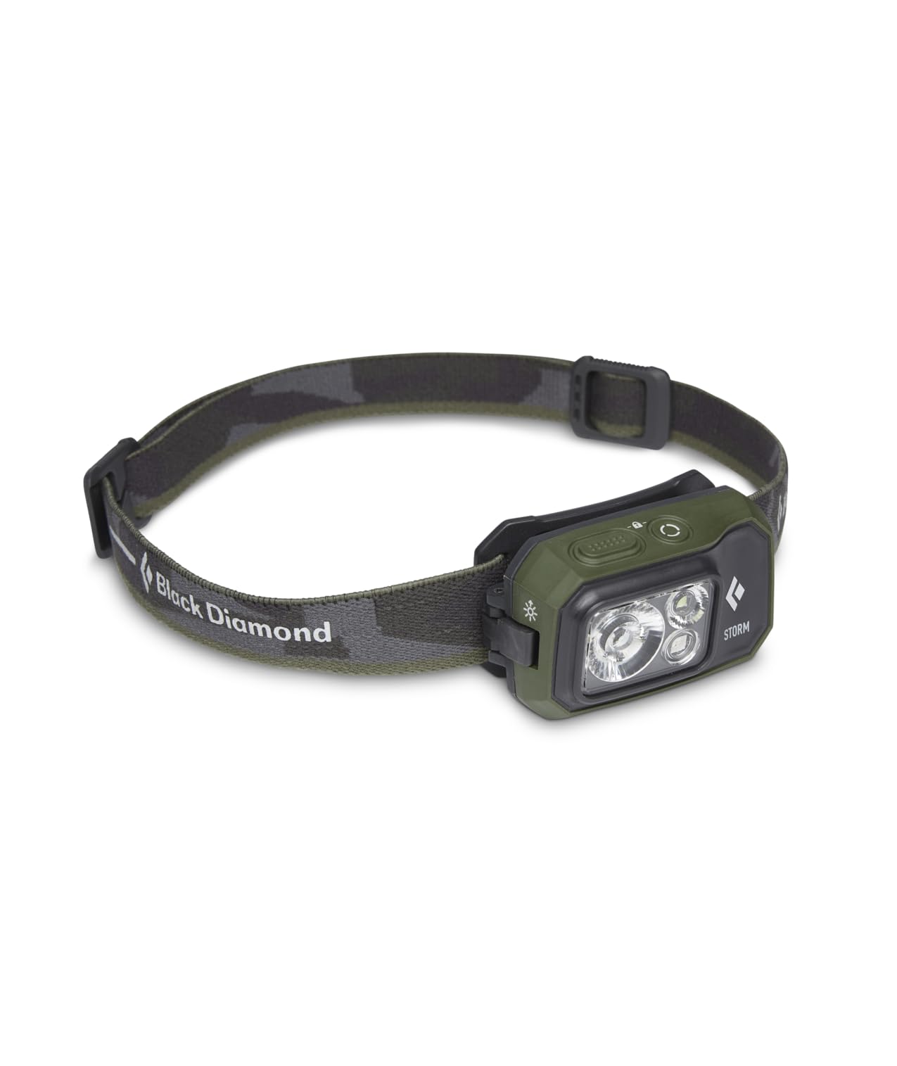 Black Diamond Storm 450 headlamp front view glowing for hands-free visibility