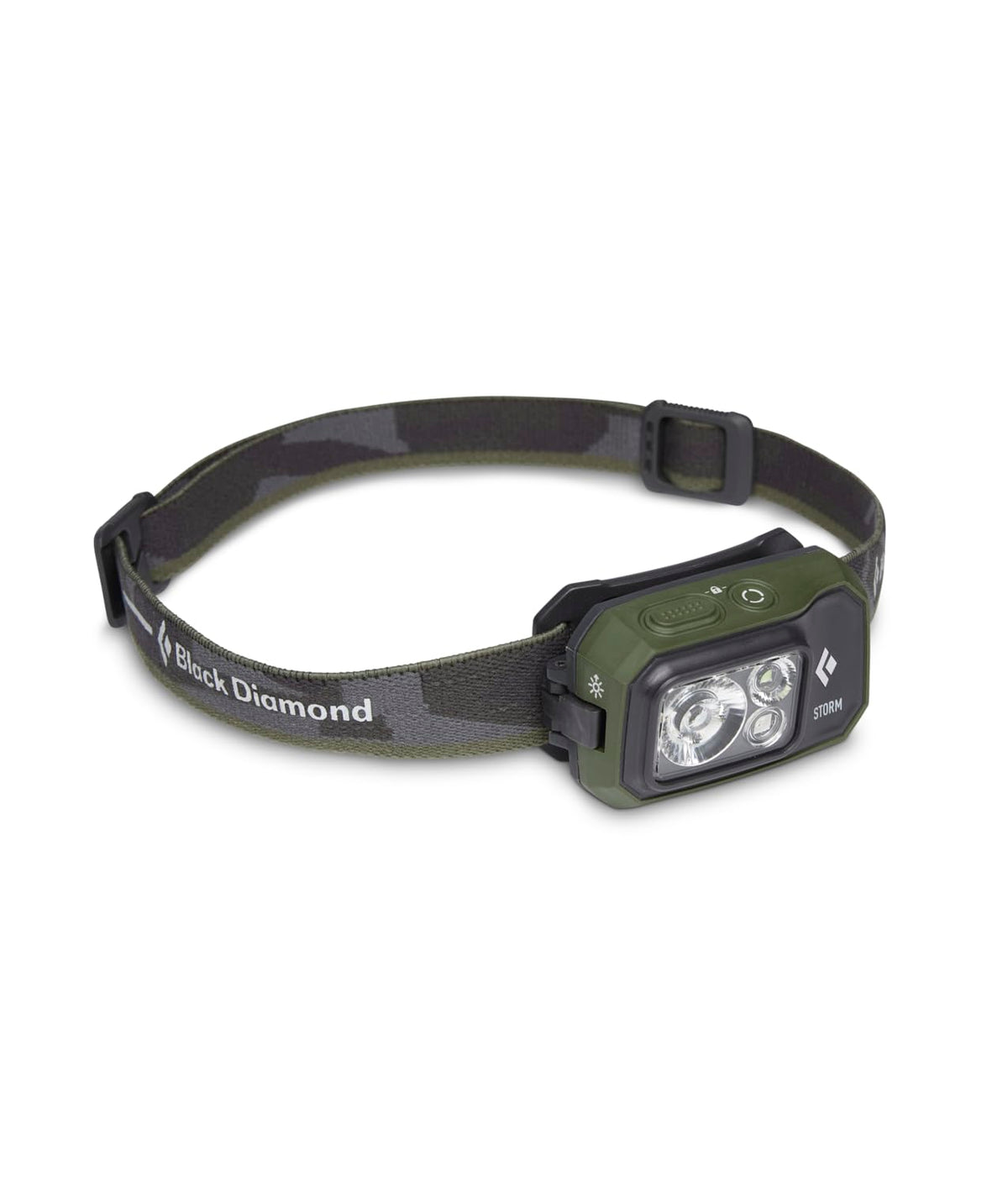 Black Diamond Storm 450 headlamp front view glowing for hands-free visibility