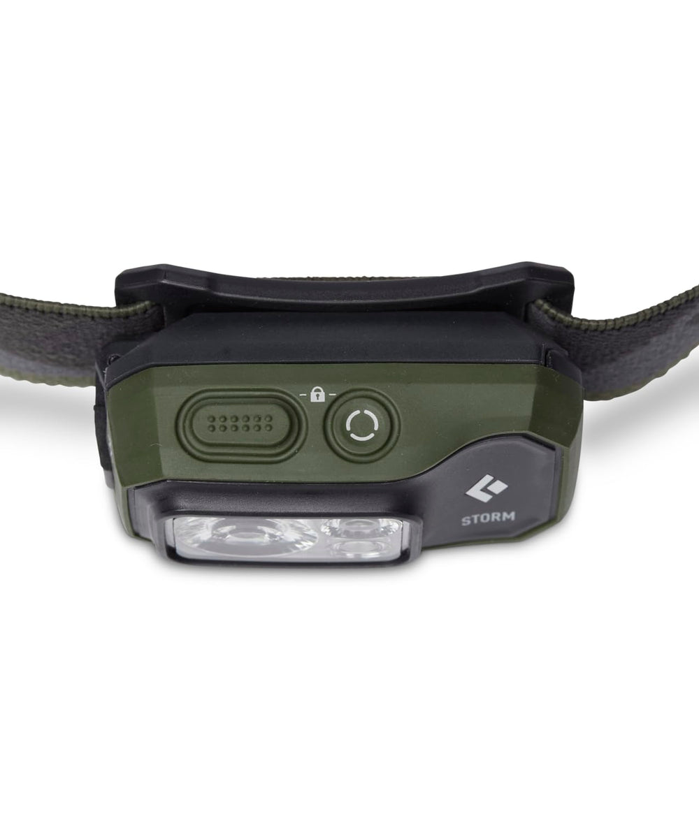 Black Diamond Storm 450 headlamp worn on head for secure, bounce-free comfort