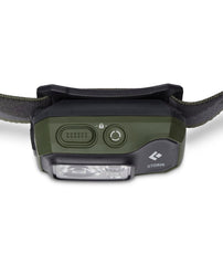 Black Diamond Storm 450 headlamp worn on head for secure, bounce-free comfort