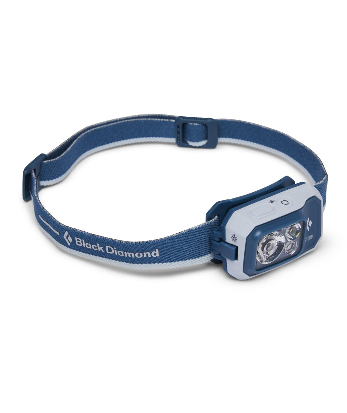 Black Diamond Storm 450 Lumen Headlamp Creek Blue, front view, highlighting compact dual-fuel versatility