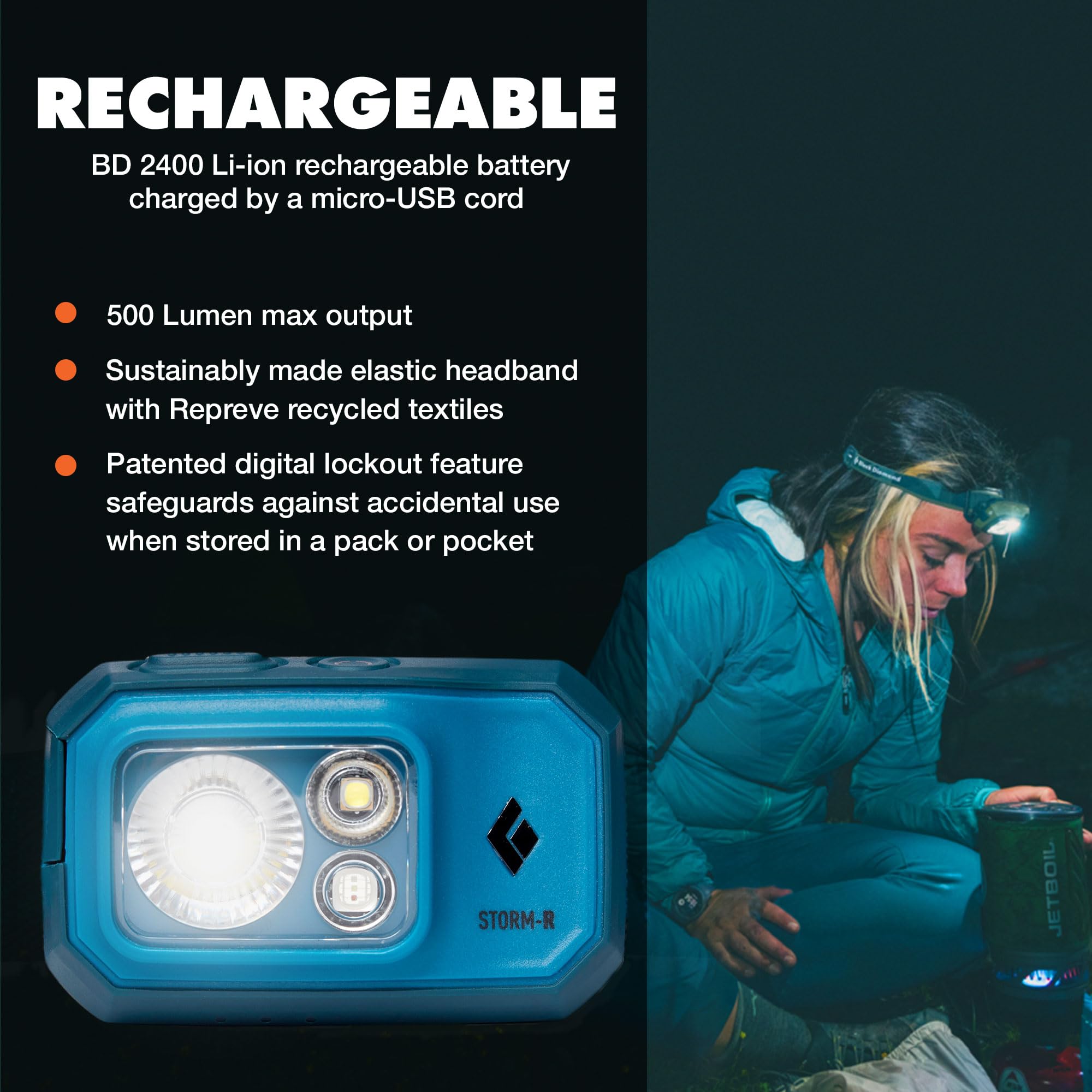 BLACK DIAMOND Storm 500-R micro-USB charging port enables convenient recharge outdoors