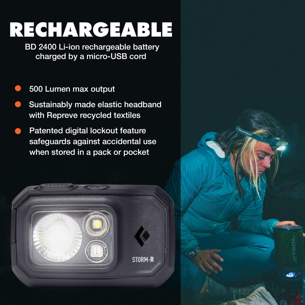 BLACK DIAMOND Storm 500-R headlamp worn on head for hands-free outdoor navigation.