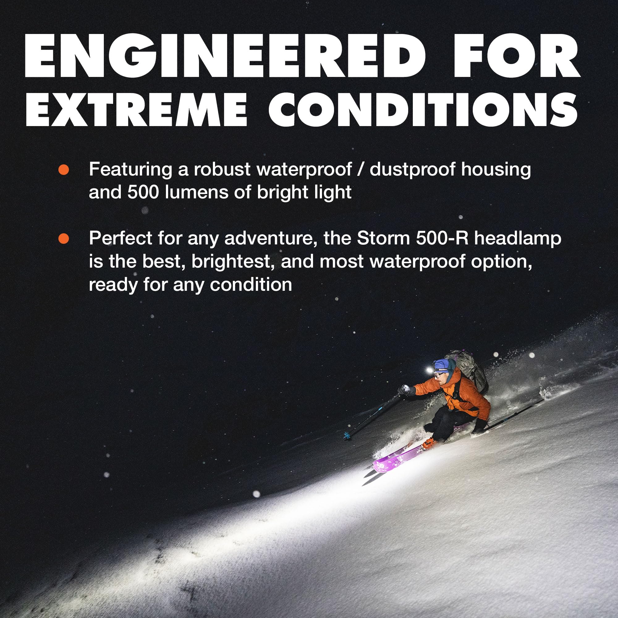BLACK DIAMOND Storm 500-R multiple modes including red night-vision.