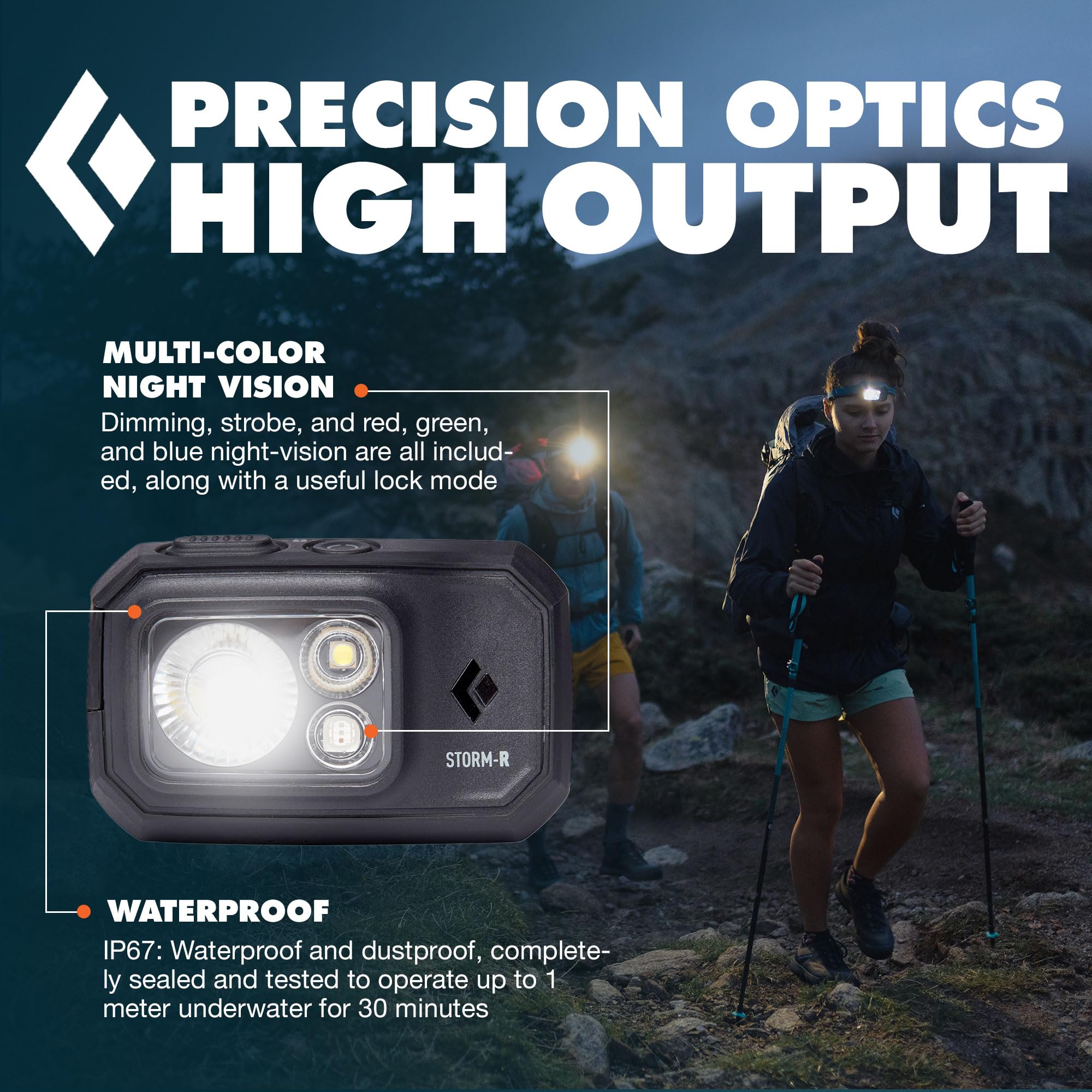 BLACK DIAMOND Storm 500-R rugged waterproof body in wet conditions.