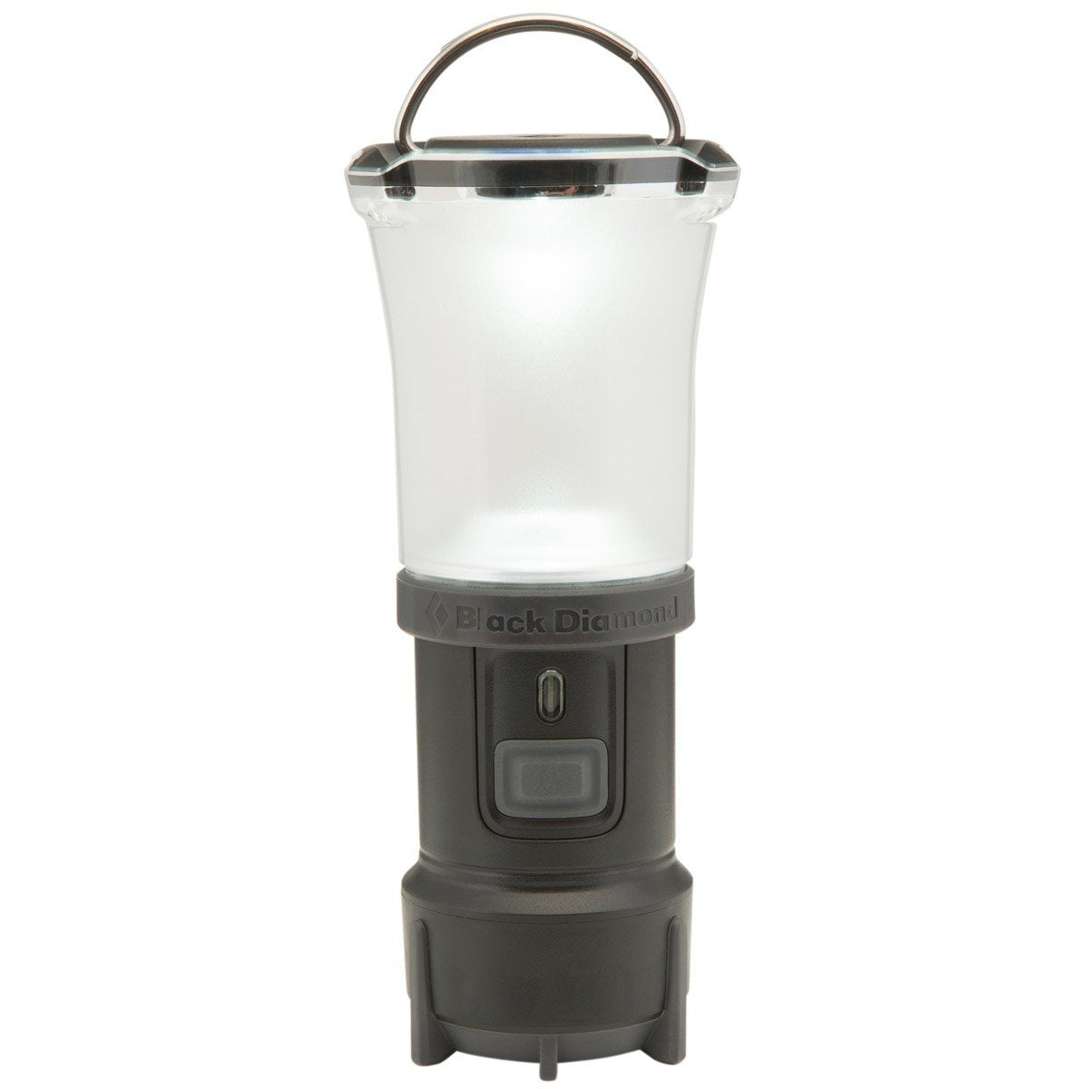 Black Diamond Voyager lantern globe emits ambient light for campsite evenings.