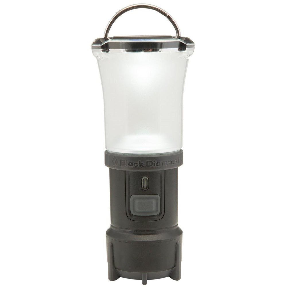 Black Diamond Voyager lantern globe emits ambient light for campsite evenings.