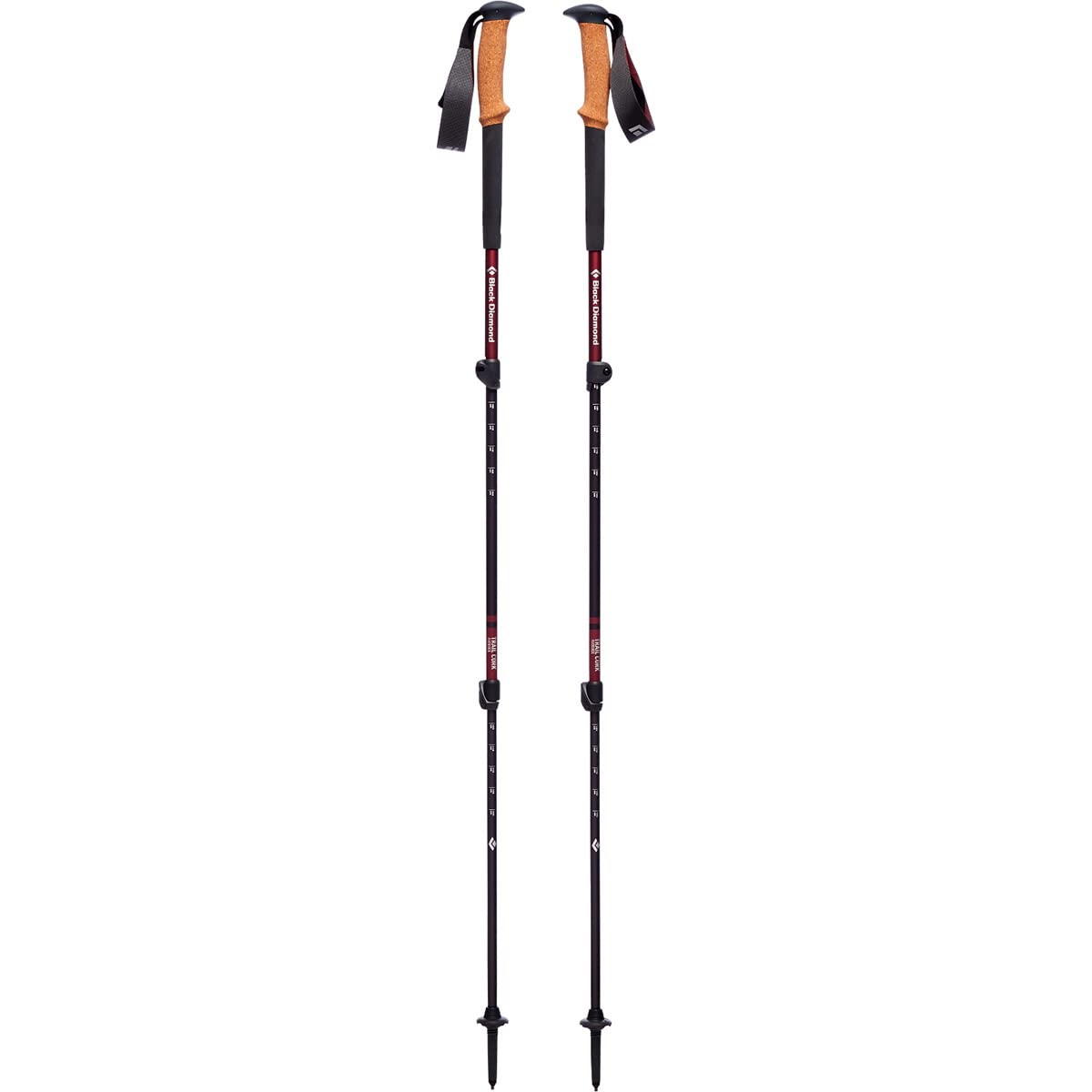 Black Diamond Womens Trail Cork Trekking Poles assembled, lightweight aluminum shafts for easy backpacking support.