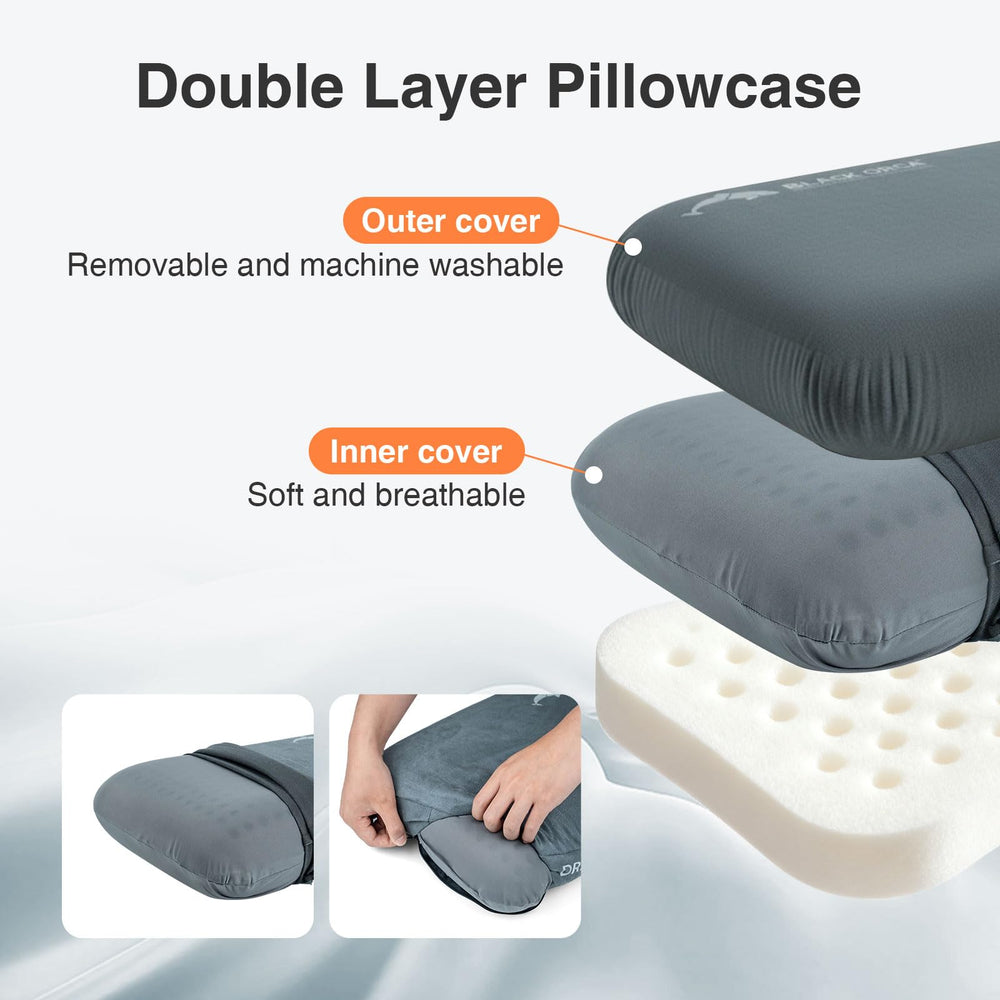 Black Orca memory foam camping pillow packed flat to show compact pack size