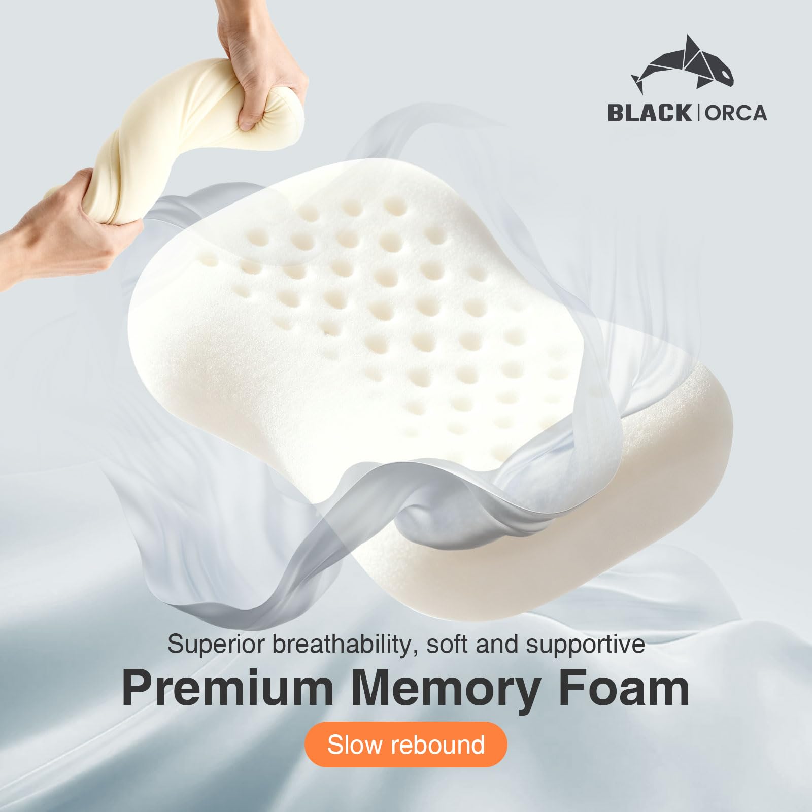 BLACK ORCA pillow with ice fabric cover demonstrates breathable cooling side for hot nights
