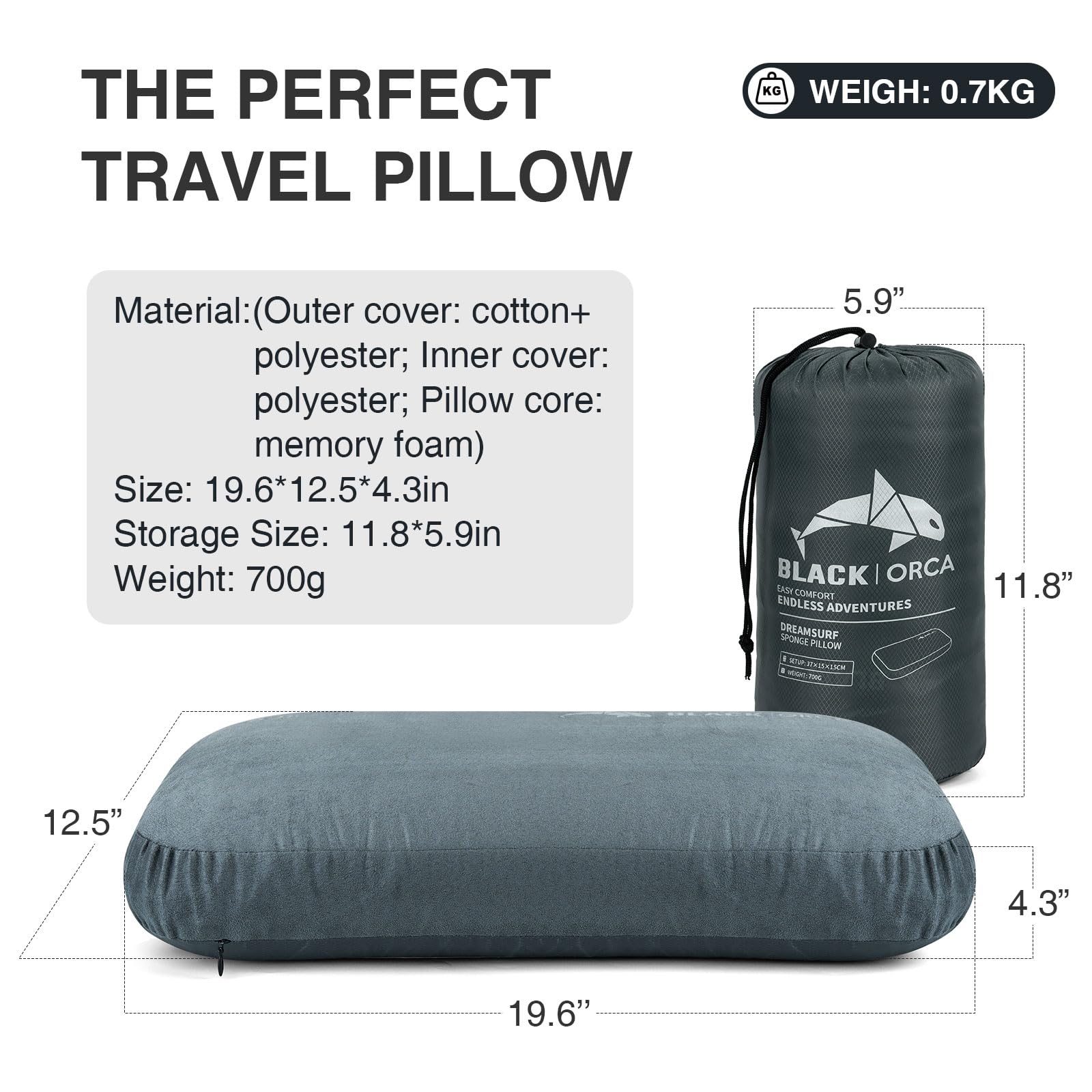 BLACK ORCA memory foam camping pillow suede cover close-up highlighting warm suede side