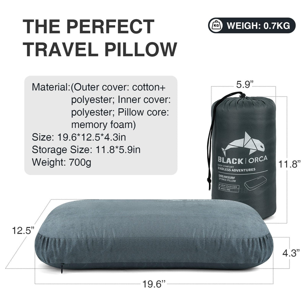 BLACK ORCA memory foam camping pillow suede cover close-up highlighting warm suede side