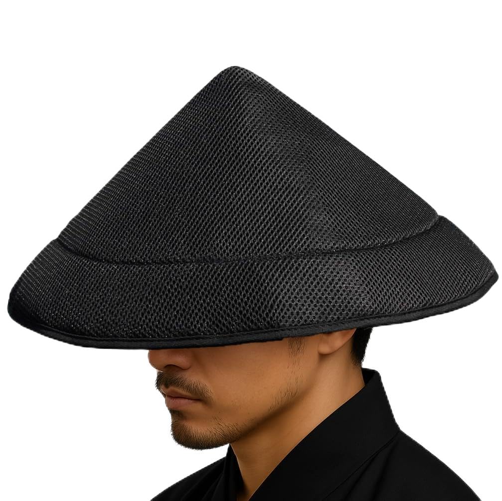 Front view of 15-inch Black Rice Hat Samurai Hat in breathable mesh