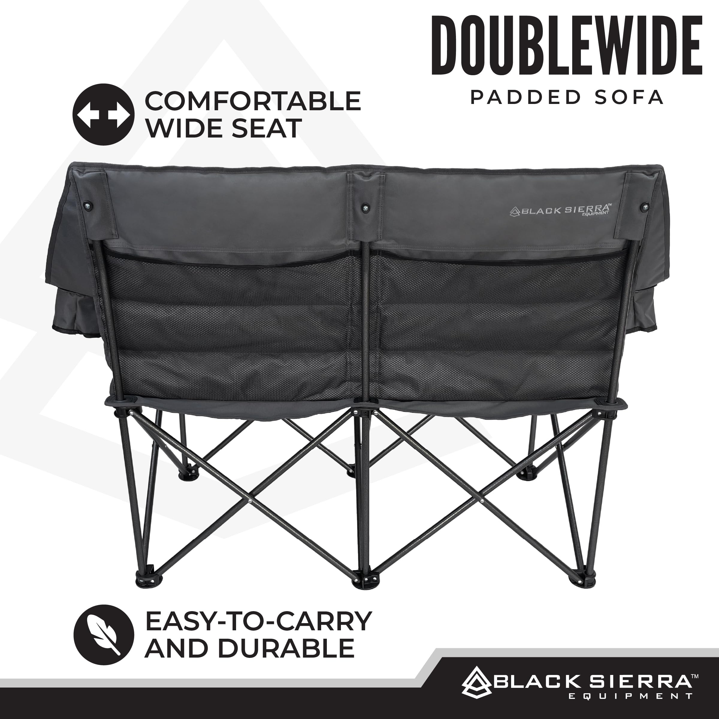Black Sierra DoubleWide Sofa displays open dimensions for spacious lounging