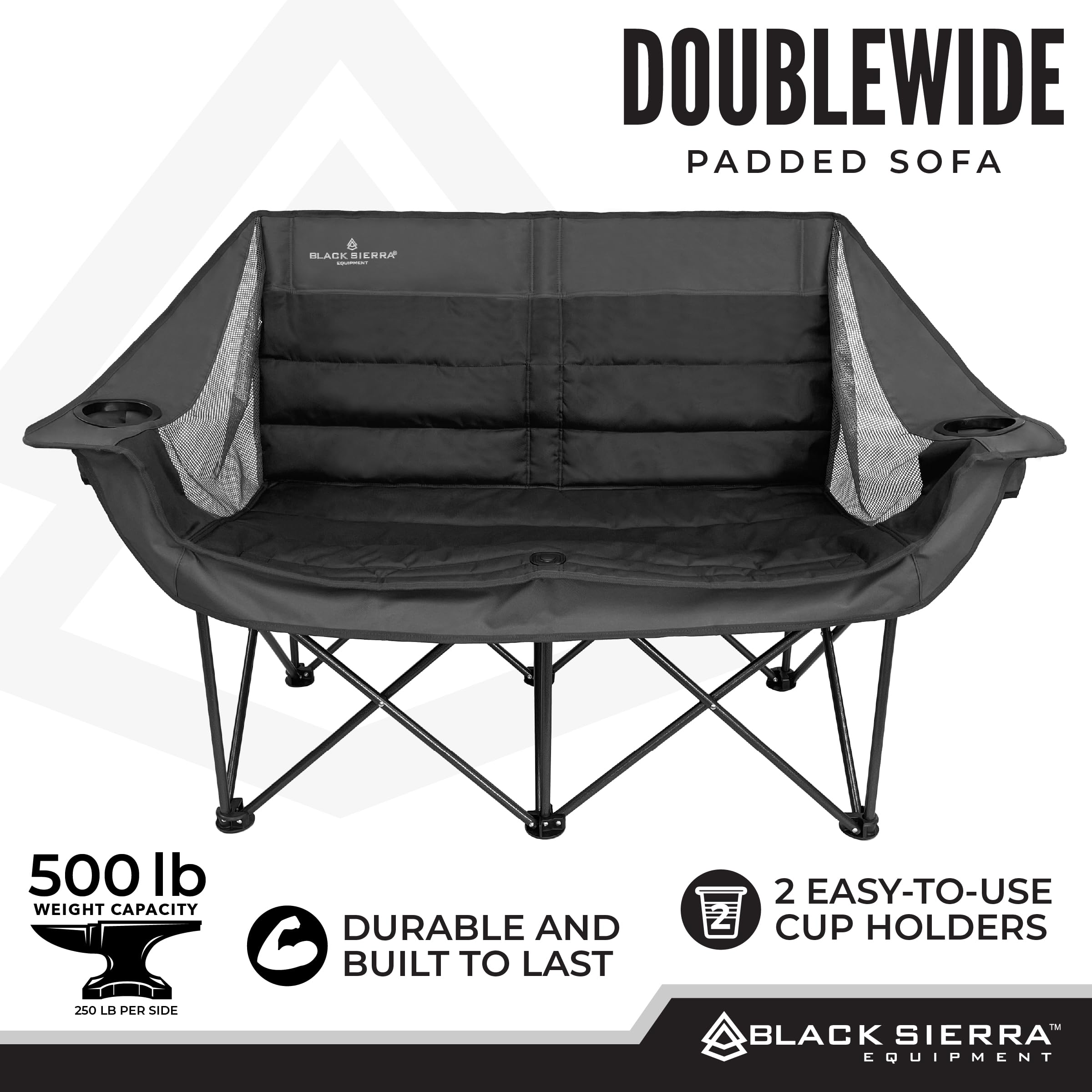 Black Sierra DoubleWide Sofa folds quickly for fast setup outdoors