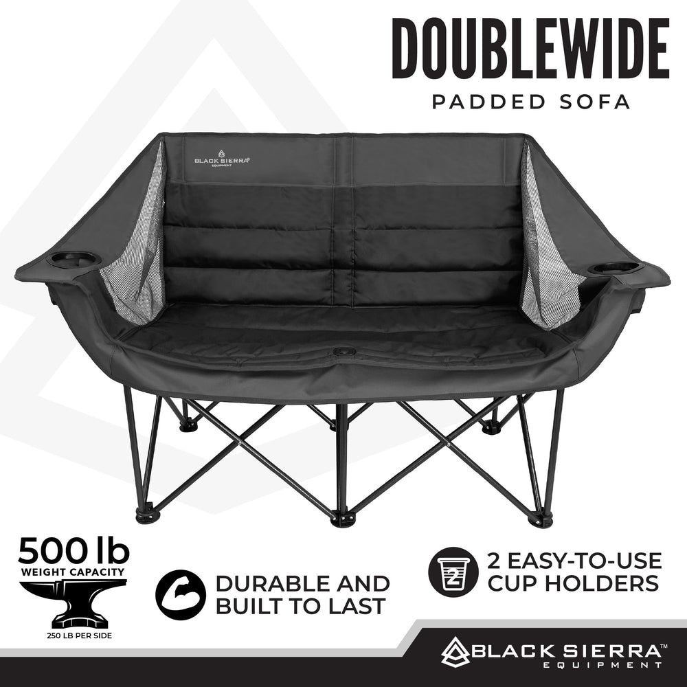 Black Sierra DoubleWide Sofa folds quickly for fast setup outdoors