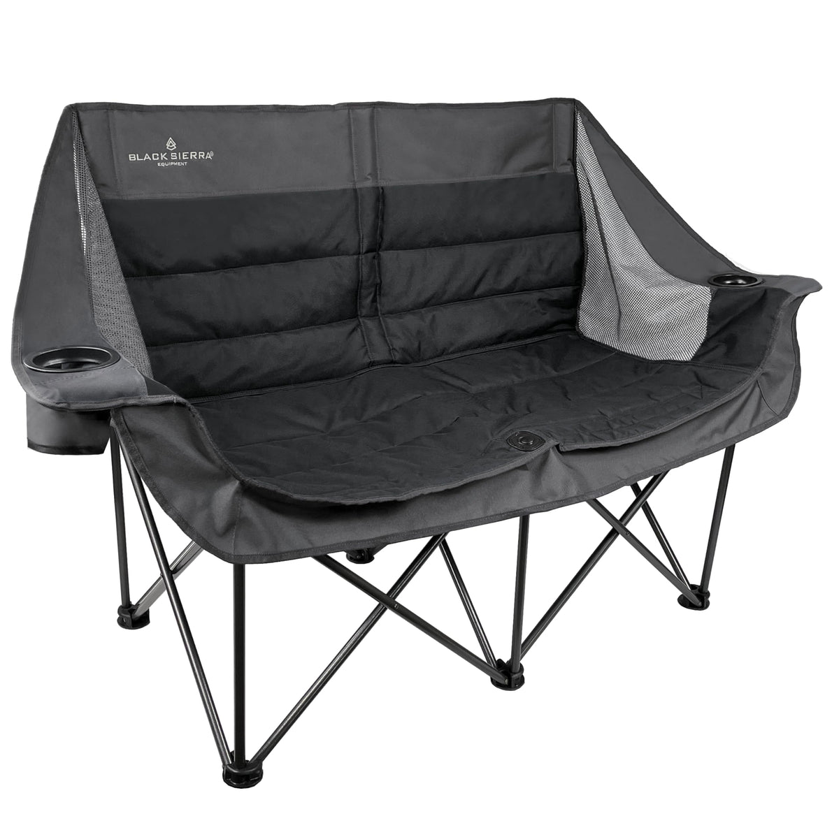 Black Sierra DoubleWide Sofa open side view shows spacious seating for two campers