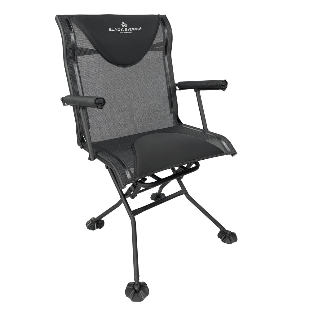 Black Sierra Equipment Deluxe swivel chair front view shows stealth-ready profile for discreet hunting