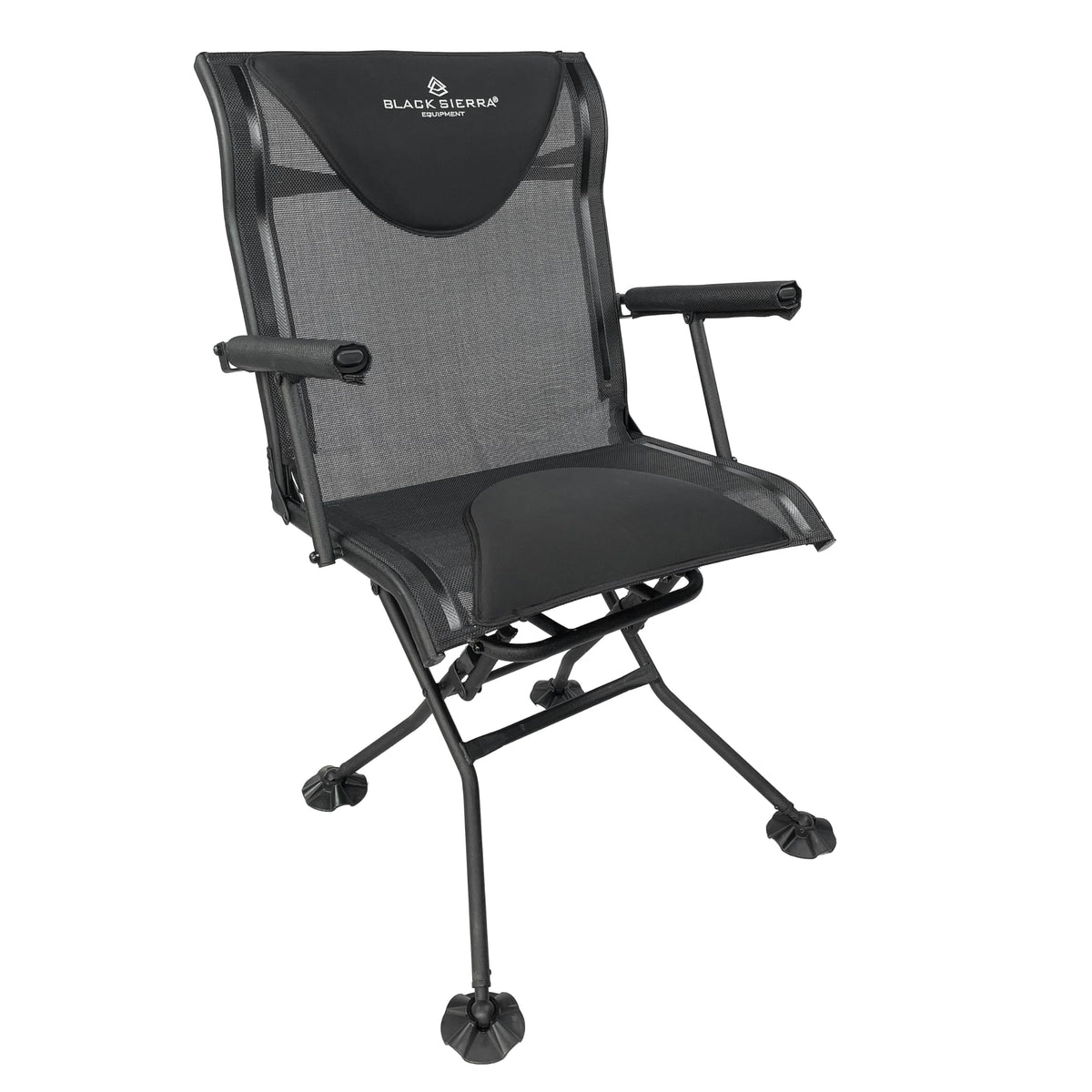 Black Sierra Equipment Deluxe swivel chair front view shows stealth-ready profile for discreet hunting