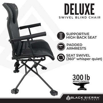 Black Sierra Equipment Deluxe chair in an outdoor setting demonstrates stability and weather-ready build