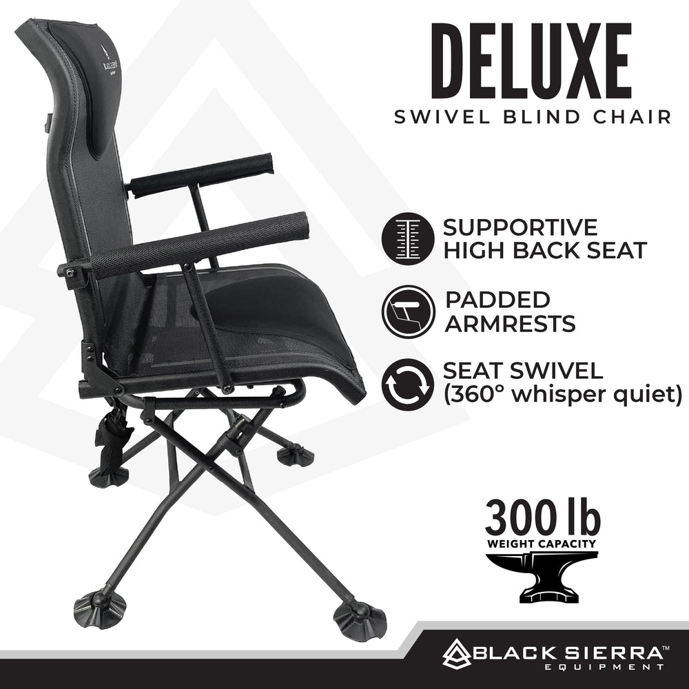 Black Sierra Equipment Deluxe chair in an outdoor setting demonstrates stability and weather-ready build