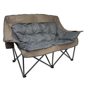 Black Sierra Equipment double camping chair folded in carry bag for easy transport