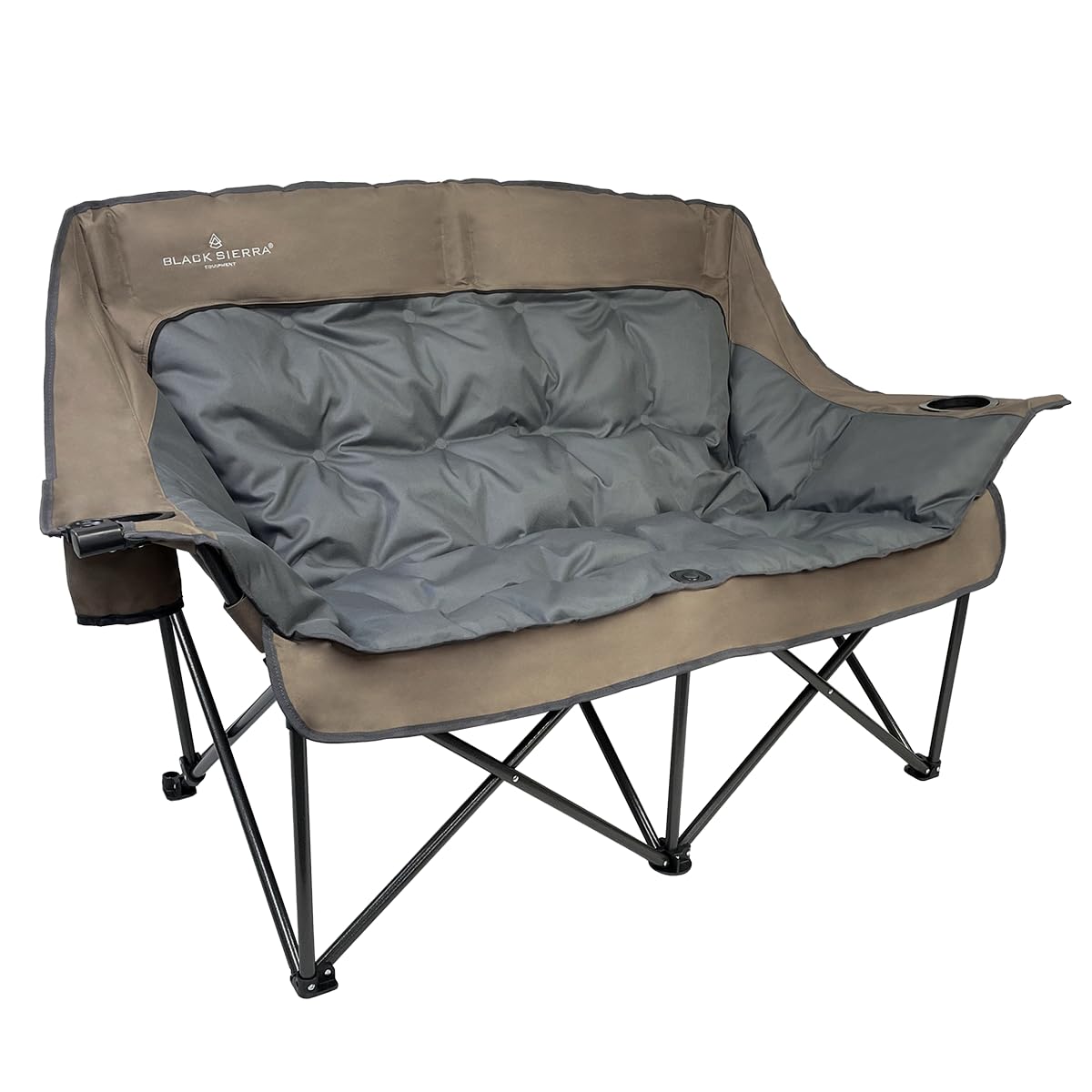 Black Sierra Equipment double camping chair folded in carry bag for easy transport