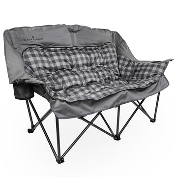 Black Sierra double camping chair folded in carry bag for easy transport