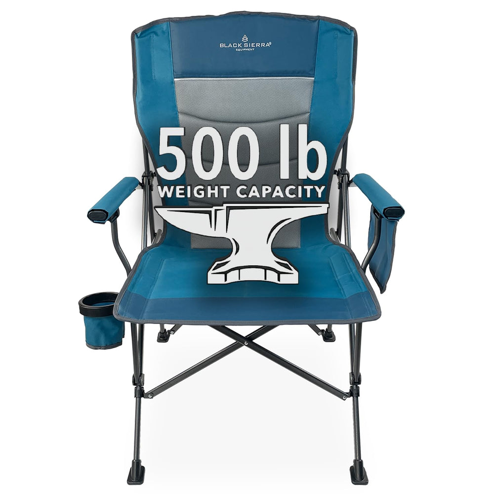 Black Sierra Equipment oversize camping chair open view shows roomy seat and backrest comfort.