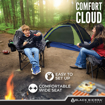 Black Sierra Equipment campsite setup shows portable comfort in rugged surroundings.