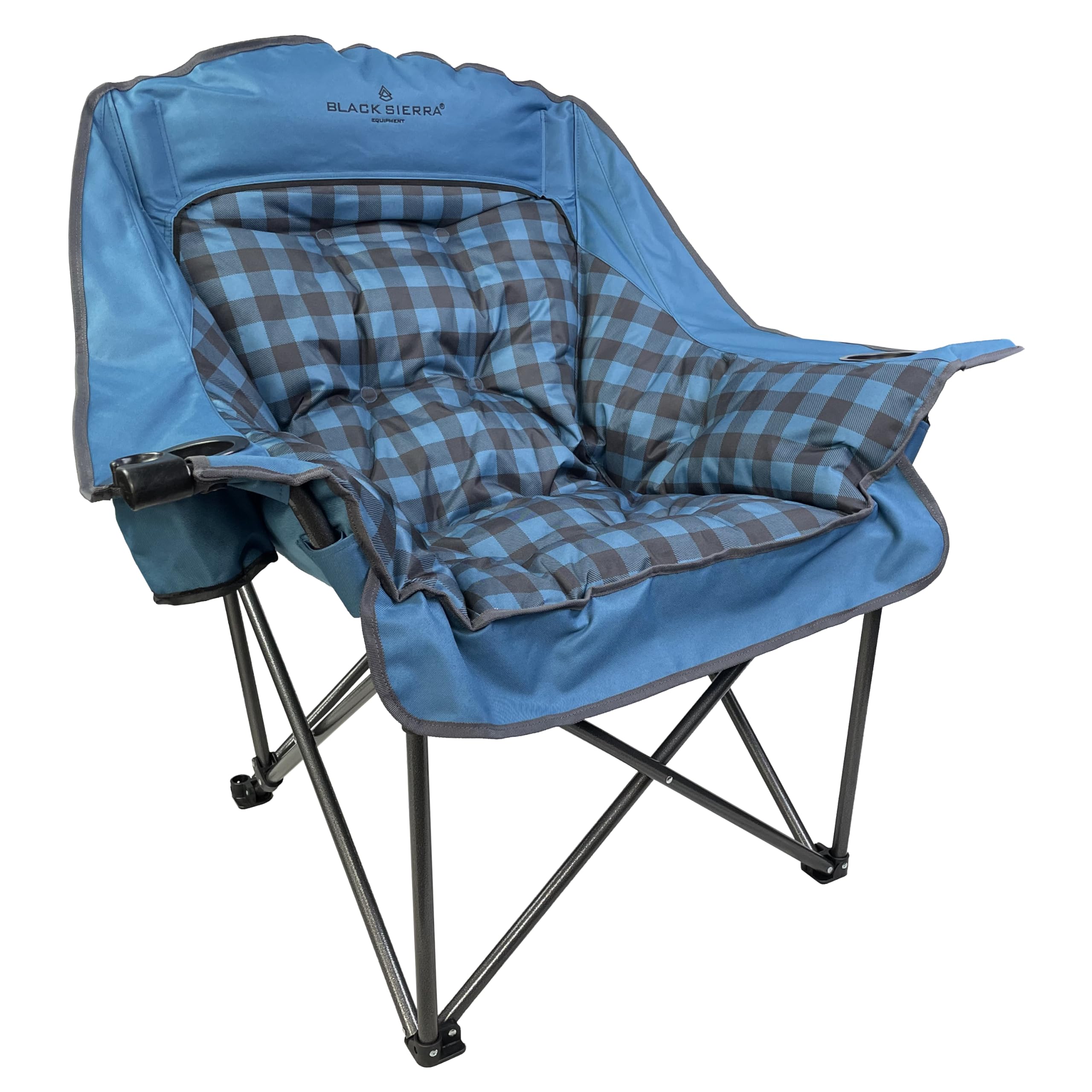 Black Sierra Equipment oversized chair front view shows sturdy frame for heavy outdoor use.
