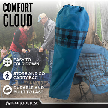Black Sierra Equipment padded-seat close-up underscores plush comfort for all-day outdoor events.